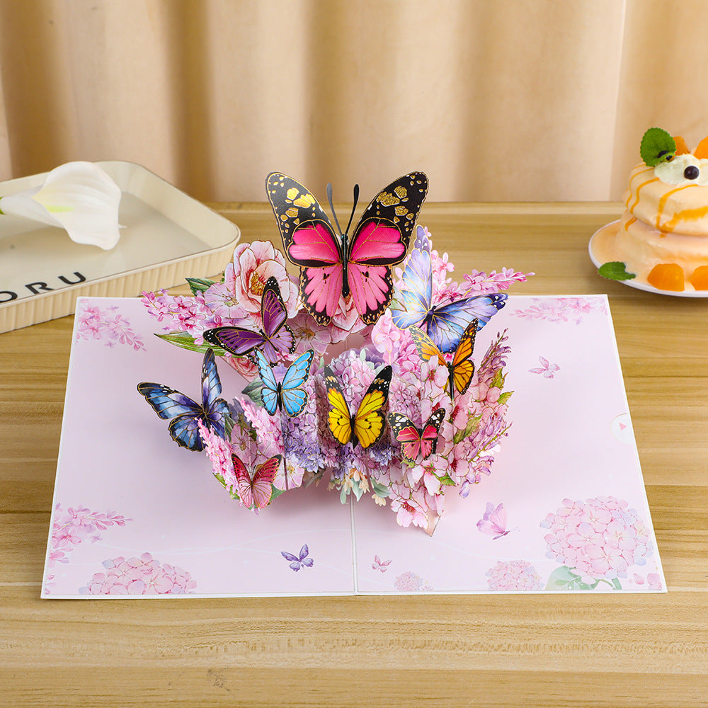 Endless Summer Pink Hydrangea Card with 3D Butterflies, Handmade Botanical Bloom