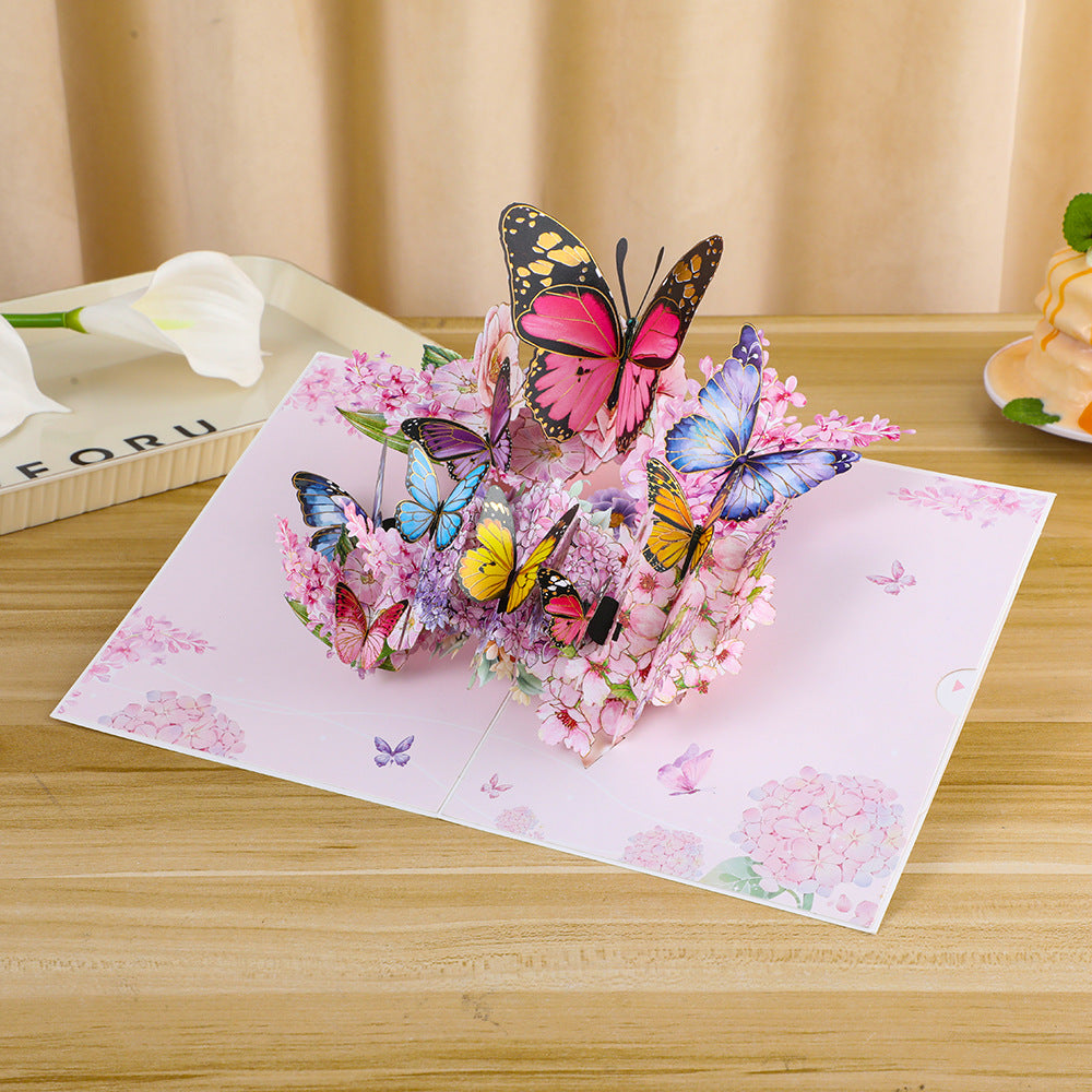 Endless Summer Pink Hydrangea Card with 3D Butterflies, Handmade Botanical Bloom