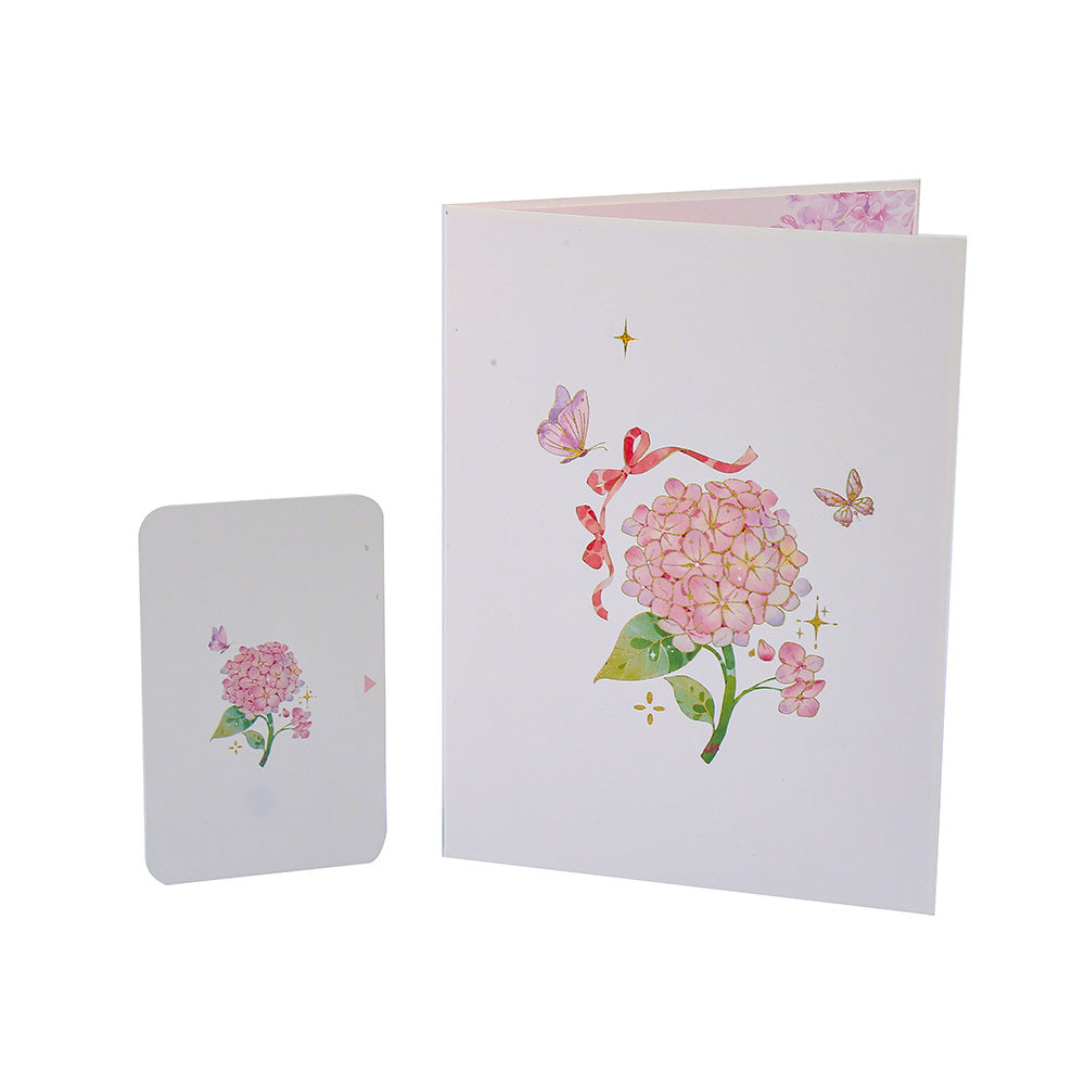 Endless Summer Pink Hydrangea Card with 3D Butterflies, Handmade Botanical Bloom